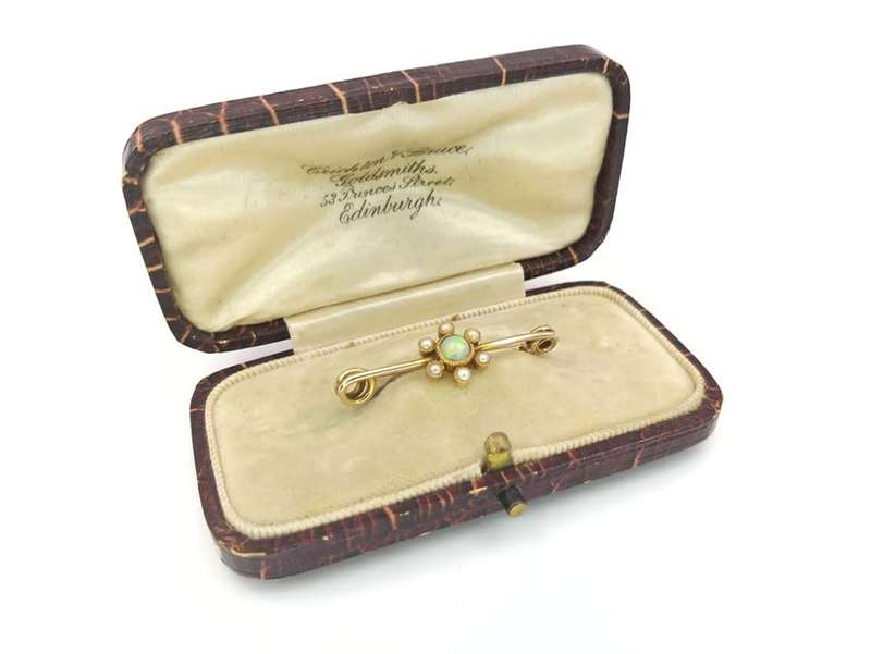 Antique opal and seed pearl flower brooch (set in 9ct gold)