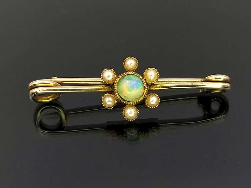 Antique opal and seed pearl flower brooch (set in 9ct gold)