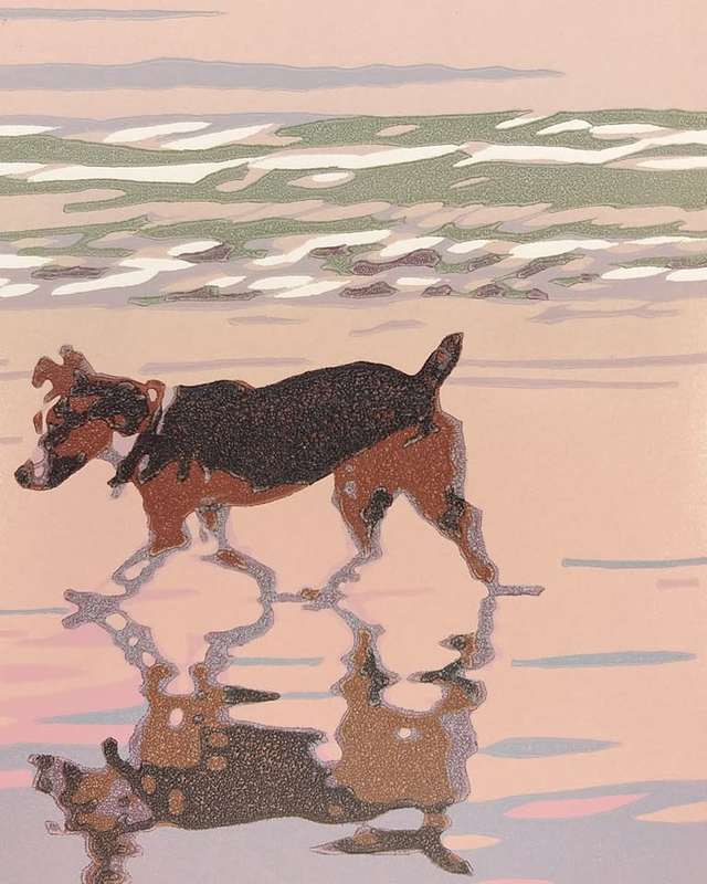 Original linocut of a beach scene and Jack Russell by Joshua Miles