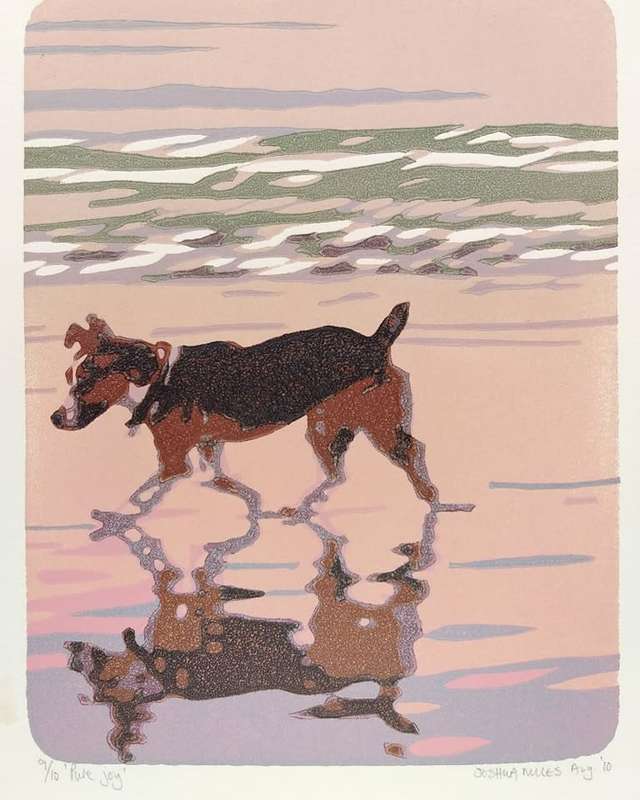 Original linocut of a beach scene and Jack Russell by Joshua Miles