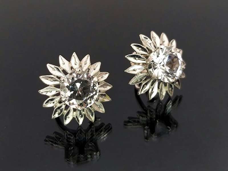 Vintage white sapphire & white gold flower earrings