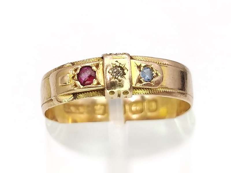 Antique 18ct gold diamond, sapphire & ruby ring