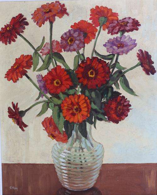 Still life of zinnias in vase by S Meyer