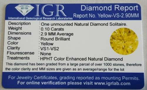 CERTIFIED 0.10CTS YELLOW DIAMOND