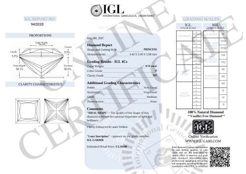 Certified 0.74 Carat D SI2 Princess Natural Loose Diamond