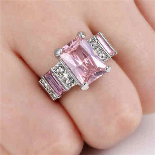 Pink Sapphire Crystal Engagement Ring white Rhodium Plated