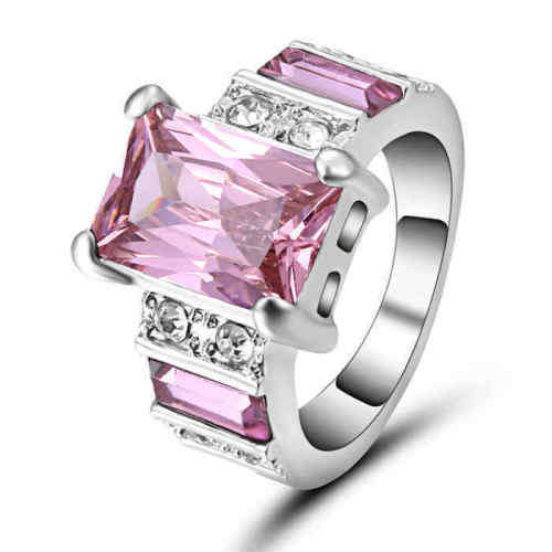 Pink Sapphire Crystal Engagement Ring white Rhodium Plated