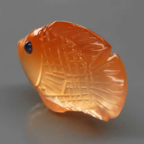 19.78Ct.Natural Orange Agate  Blue Sapphire Eyes Fish Carving