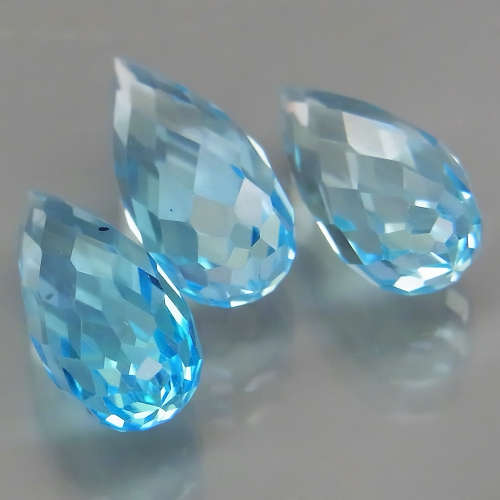 Briolette Swiss Blue Topaz 7.63Ct. 3 Pieces! Ravishing Color  Brazil