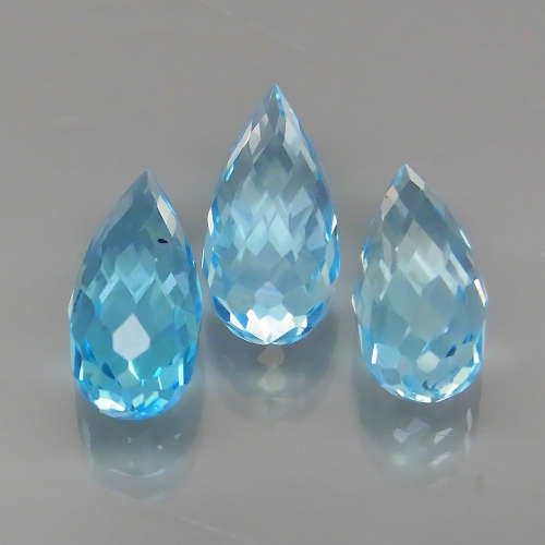Briolette Swiss Blue Topaz 7.63Ct. 3 Pieces! Ravishing Color  Brazil
