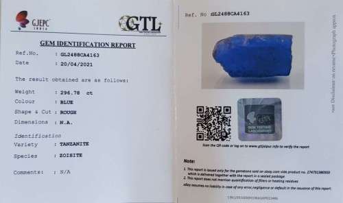 Certified Tanzanite Rough 296.78ct  Purplish Blue 100% Natural