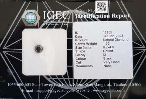 CERTIFIED BLACK DIAMOND 1.36 Cts JET BLACK ROUND NATURAL