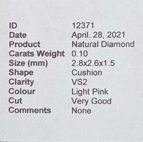 Certified Argyle Mine 0.10Ct VS2 Light Pink Cushion Natural Diamond
