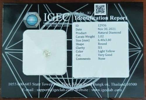 "CERTIFIED" Diamond  1.02Cts  Light Yellow Round Natural Diamond