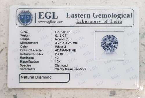 0.12 Ct. Diamond  VS2/J EGL Certified Fine Round Cut  Natural