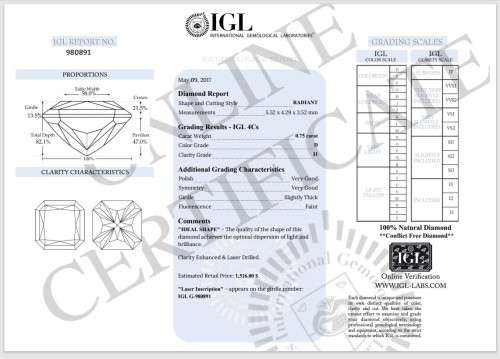 0.75Cts DIAMOND RADIANT CUT `CERTIFIED` SPARKLING  D WHITE COLOR NATURAL