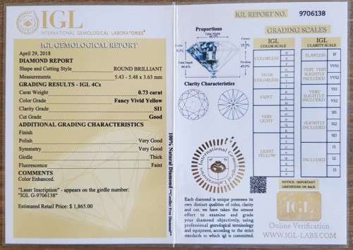 0.73Cts DIAMOND ROUND CUT SI1 VIVID YELLOW `CERTIFIED` SPARKLING  COLOR NATURAL