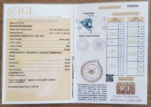Diamond  0.44Cts  *CERTIFIED* Round  G/SI2 Loose Natural Diamond