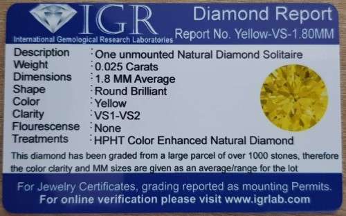 Diamond **CERTIFIED** Round Fancy Yellow 1.8mm  VVS1 Loose Natural