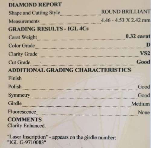 Diamond  0.32Cts  *CERTIFIED* Round  D/VS2 Loose Natural Diamond