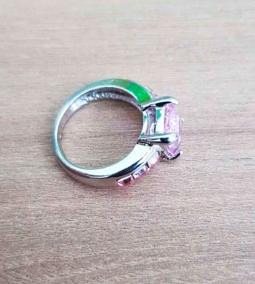 Pink Cushion Cut Crystal Engagement Ring in  Silver