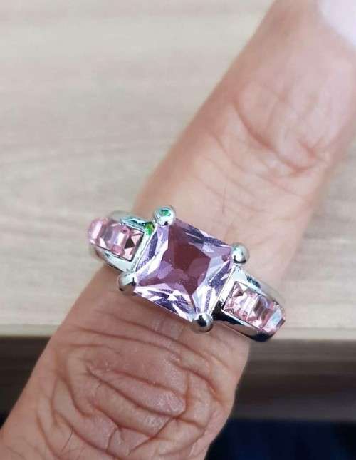 Pink Cushion Cut Crystal Engagement Ring in  Silver