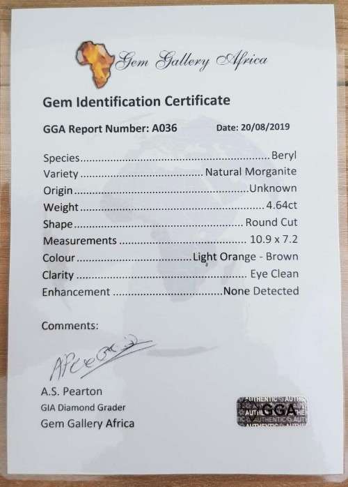 4.64Cts  MORGANITE ORANGE ROUND CUT**CERTIFIED** GEMSTONE! NATURAL