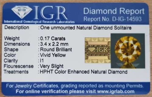 0.17cts. Round Brilliant Cut Vivid Yellow Loose Natural Diamond