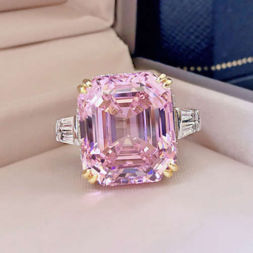 Pink Trilogy Ring Emerald & Tapered baguettes cut 925 Sterling Silver Gemstone Ring