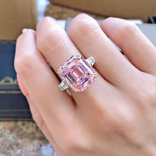 Pink Trilogy Ring Emerald & Tapered baguettes cut 925 Sterling Silver Gemstone Ring