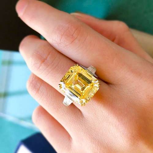 Yellow Trilogy Ring Emerald & Tapered baguettes cut 925 Sterling Silver Gemstone Ring