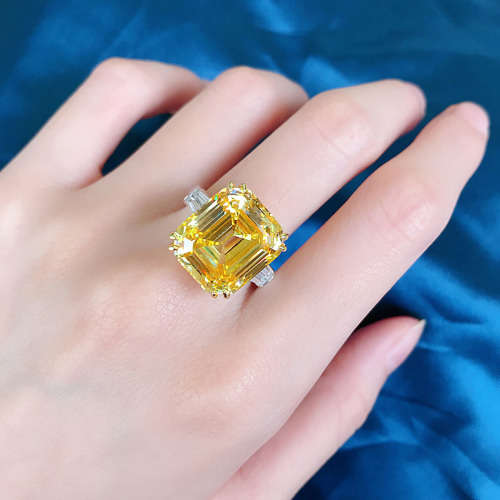Yellow Trilogy Ring Emerald & Tapered baguettes cut 925 Sterling Silver Gemstone Ring