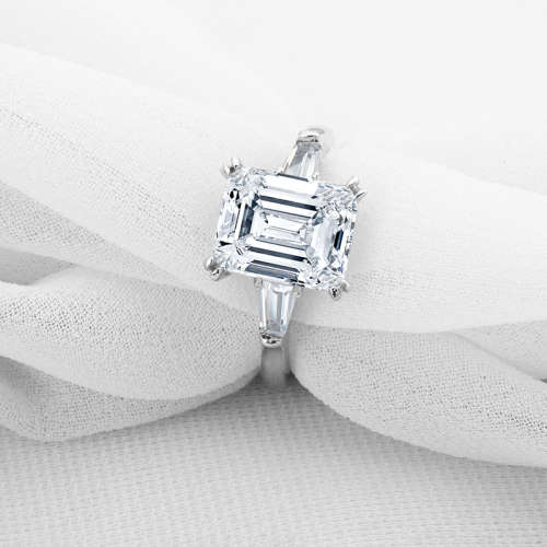 Trilogy Ring Emerald & Tapered baguettes cut 925 Sterling Silver Gemstone Ring