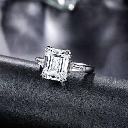 Trilogy Ring Emerald & Tapered baguettes cut 925 Sterling Silver Gemstone Ring