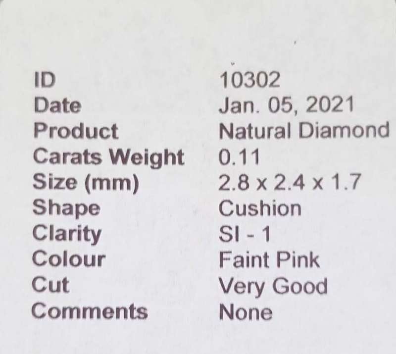 0.11cts Diamond Cushion Cut SI1 Faint Pink  CERTIFIED