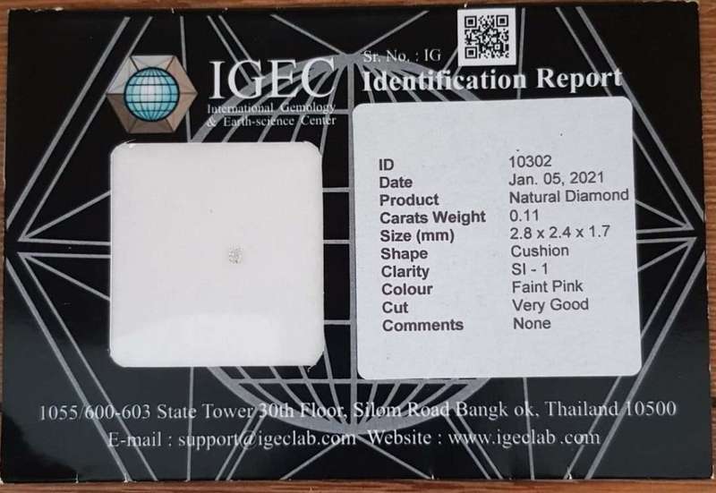 0.11cts Diamond Cushion Cut SI1 Faint Pink  CERTIFIED