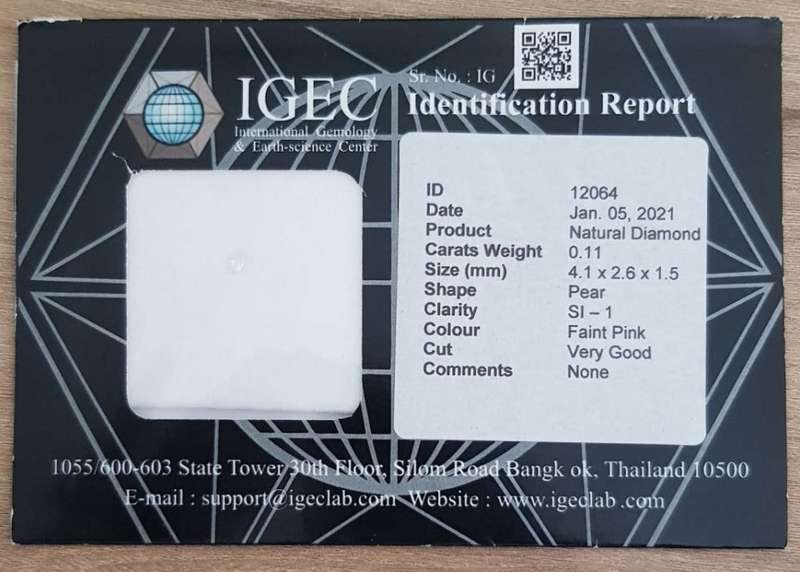 0.11cts Diamond Pear Cut SI1 Faint Pink  CERTIFIED