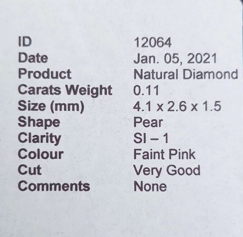 0.11cts Diamond Pear Cut SI1 Faint Pink  CERTIFIED