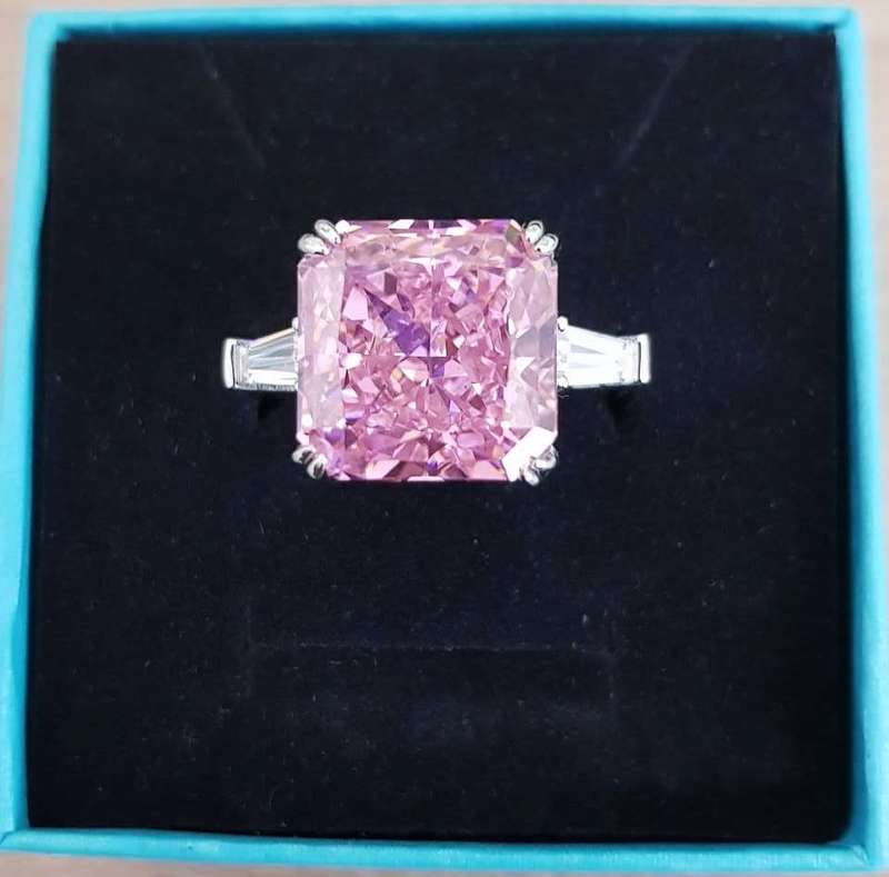 Crushed Pink Trilogy Ring Emerald & Tapered baguettes cut 925 Sterling Silver Gemstone Ring