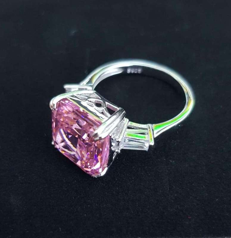 Crushed Pink Trilogy Ring Emerald & Tapered baguettes cut 925 Sterling Silver Gemstone Ring