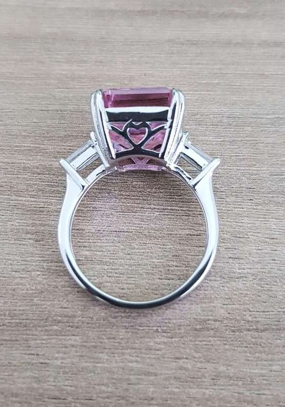 Crushed Pink Trilogy Ring Emerald & Tapered baguettes cut 925 Sterling Silver Gemstone Ring