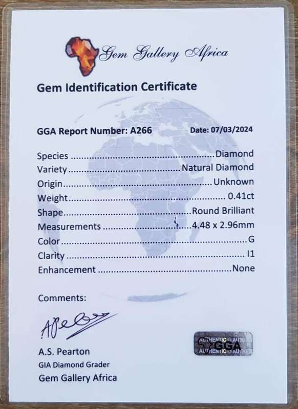 0.41Cts DIAMOND ROUND G/I1  **CERTIFIED**SPARKLING   NATURAL