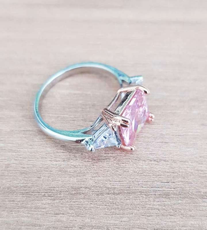 Pink Radiant & Trillion cut Trilogy Ring 925 Sterling Silver pillow Gemstone