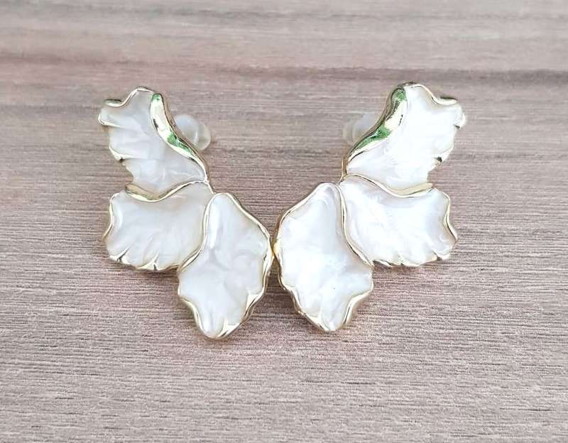 Pearl White Maple Flower Enamel Petal Stud Earrings for Women