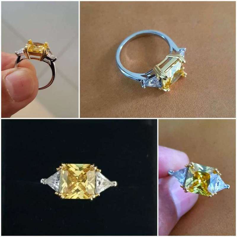 Yellow Radiant & Trillion cut Trilogy Ring 925 Sterling Silver pillow Gemstone