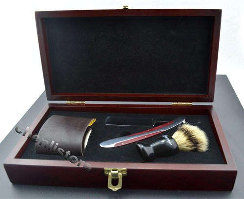 Straight Razor Shaving Brush and leather Strop in wooden box