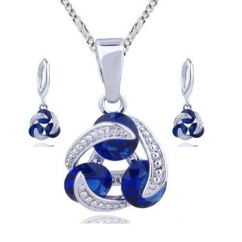 18K White Gold GP Sapphire Blue Swarovski Crystals Set Necklace Pierced Earrings