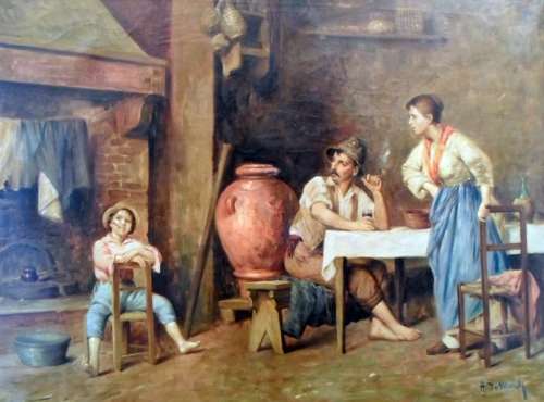 A de Mauly - Interior scene, family in conversation - A beautiful painting! Bid now!