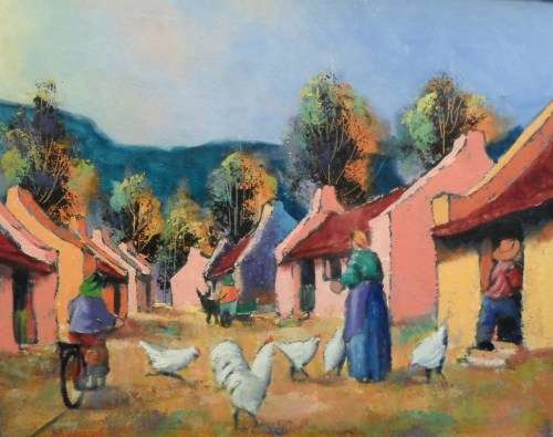 P van der Westhuizen - Village scene - Investment art at its very finest!! Oil on board. Bid now!!