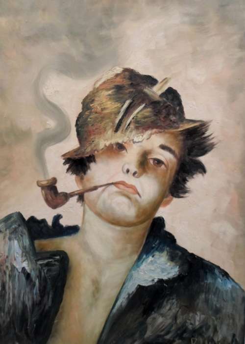 R Lanzi - Boy smoking a pipe - A beautiful painting! Bid now!
